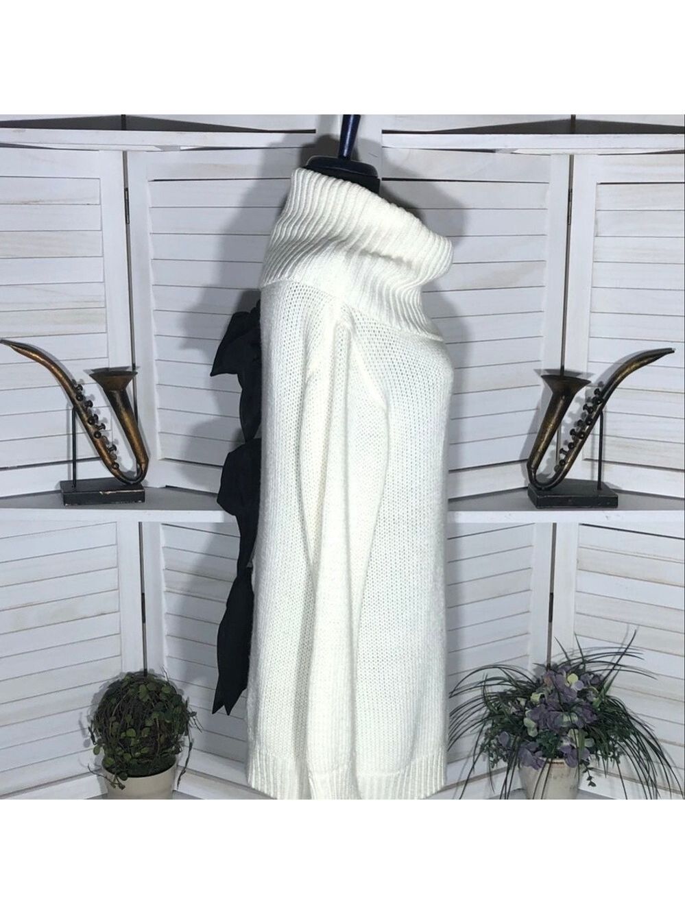 Poof! Cream Cowl Neck Open Back Bow Sweater Dress Size S - Picture 3 of 14